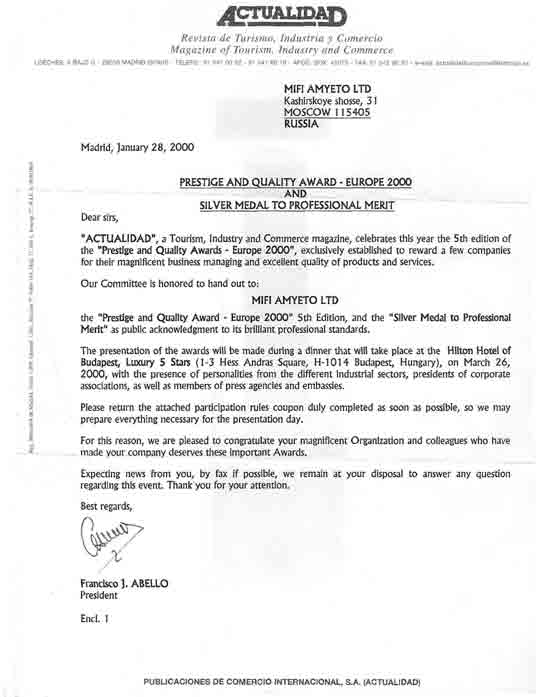 Prestige and quality award - Europe 2000